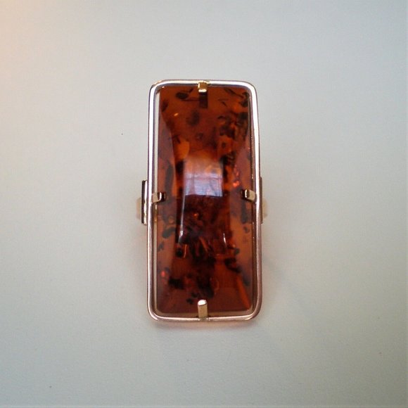 NEW Russian Russia USSR 14K 585 Rose Pink Gold Baltic Honey Amber Cocktail RING - Picture 7 of 9